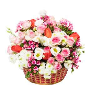 Basket of white pink and red flowers