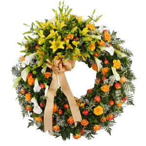 Funeral Wreath of Orange and Yellow Flowers