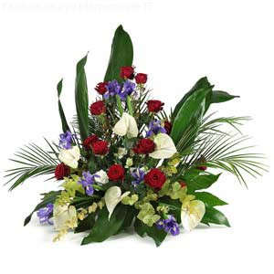 Arrangement of Red Roses and White Anthurium