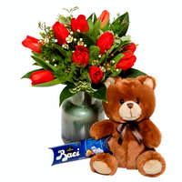 Bouquet con 25 rose miste colorate e un orsetto di peluche